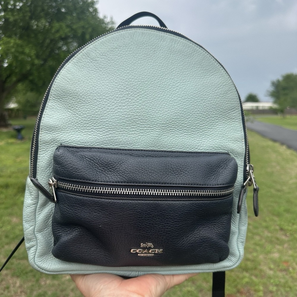 COACH Charlie Small Pebbled Leather Women's Backpack Light teal/dark Navy EUC